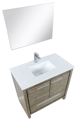 Lafarre 36 Rustic Vanity, Quartz Top, Sink, Gun Metal Faucet Set, 28 Mirror