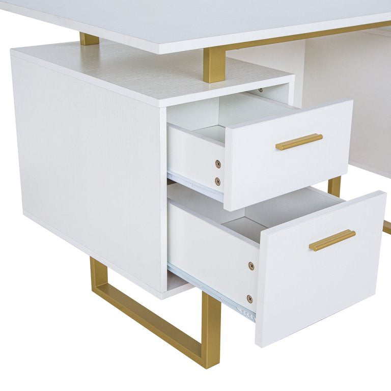 Elegant Desk, Floating Top With Cube Shaped Cabinet & Large Drawers, Gold/White