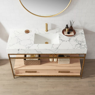 Dhaka Bath Vanity, Stone Top, No Mirror, Yellow Bronze Base, 55", Single Vanity