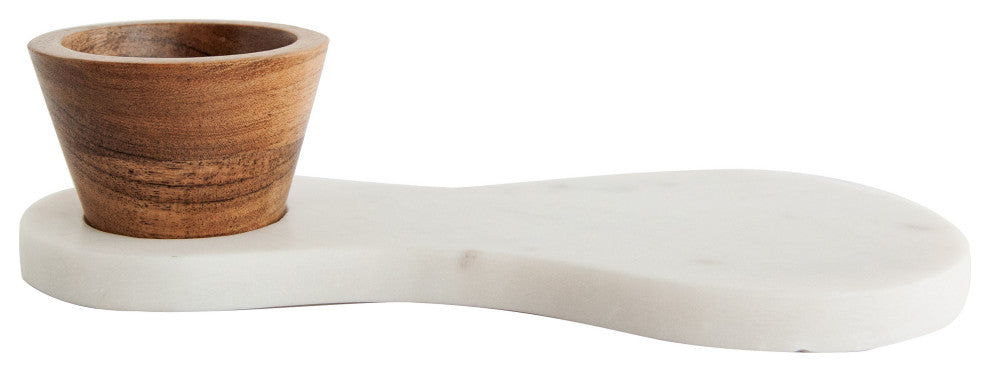 Marble Serving Board With Mango Wood Bowl, White and Natural