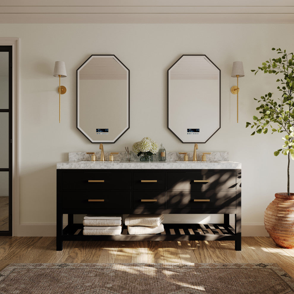 Arcadia Bath Vanity, Black Onyx, 72", Gold Hardware, Double, Freestanding