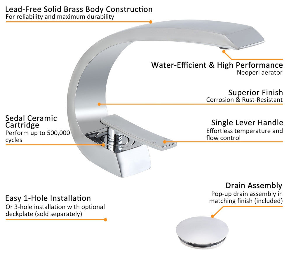 Single Hole 1-Handle Bathroom Sink Faucet Curved Spout with Pop Up Drain, Chrome