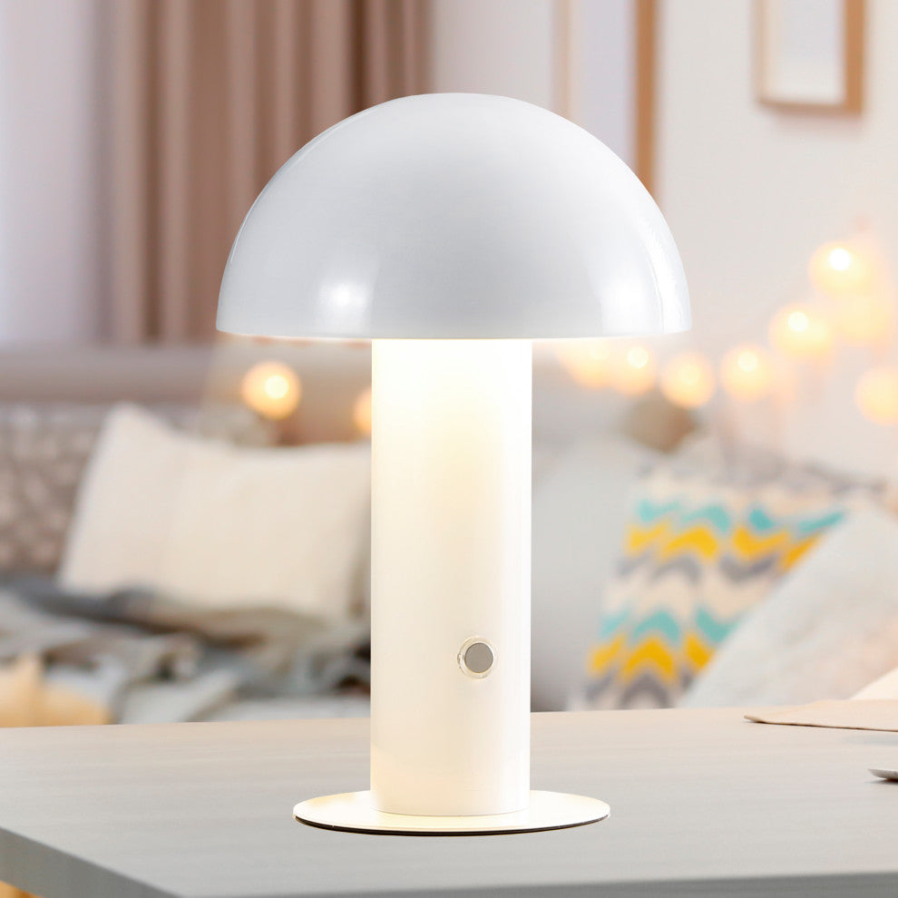 Boletus 10.75" Rechargeable/Cordless Iron Integrated Mushroom Table Lamp, White