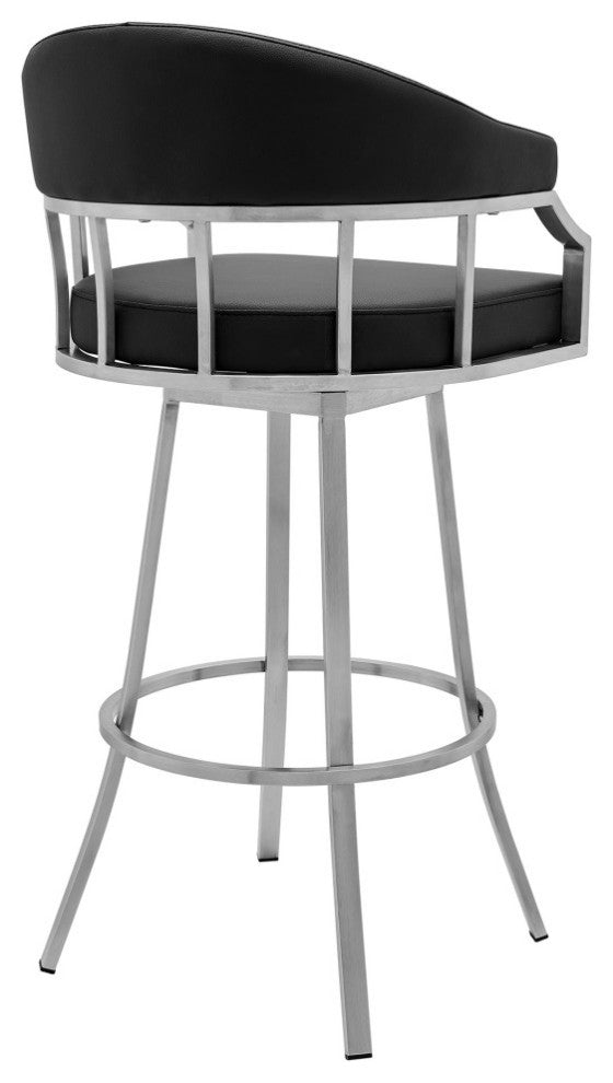 Valerie Swivel Faux Leather Bar and Counter Stool, Brushed Stainless Steel Finishing/Black, Counter Height