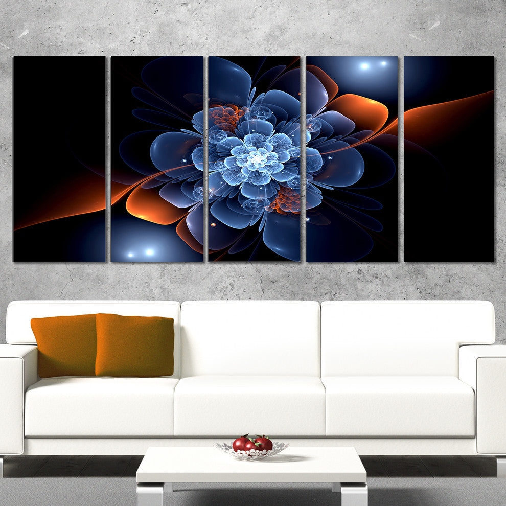 Fractal Flower with Orange Flame, Floral Canvas Art Print, 60"x28", 5 Panels