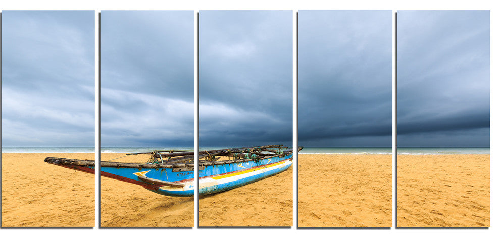 Fishing Boat On Beach with Dark Clouds, Seashore Canvas Print, 60"x28", 5 Panels