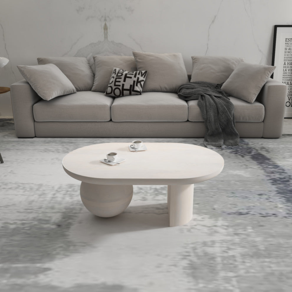38" Coffee Table Oblong Mango Wood Top With a Modern Ball Leg Washed White