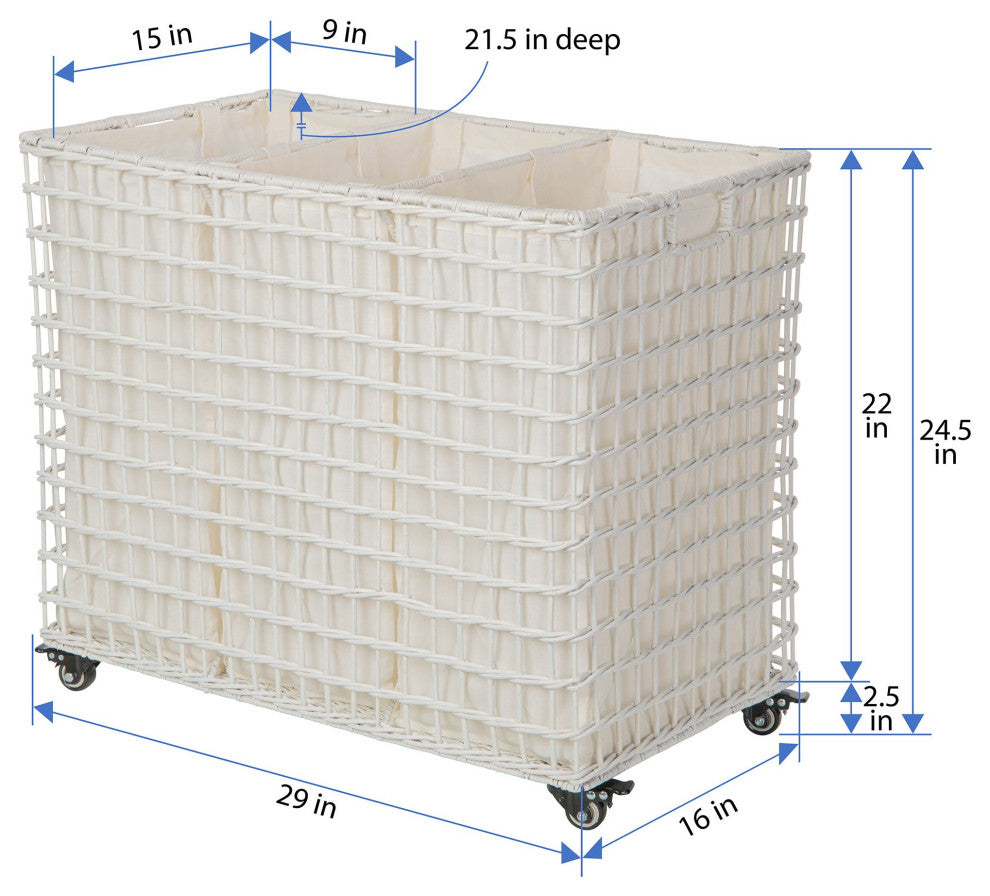 Laundry Sorter and Hamper 3, Sections on Wheels, White