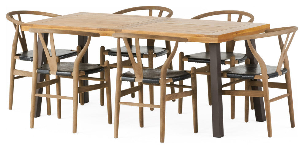 Egan Farmhouse Acacia Wood and Faux Leather 7 Piece Dining Set, Black + Antique + Rustic Metal + Natural Stained