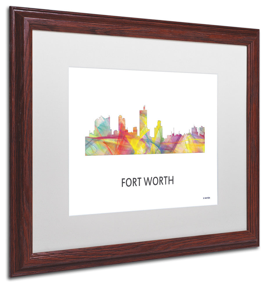 Fort Worth Texas Skyline Wb-1' Matted Framed Art, Wood Frame, White Matte, 20x16