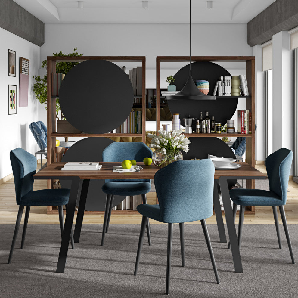 Modern Minimal Wood Top Metal Leg Dining Table, Walnut/Black
