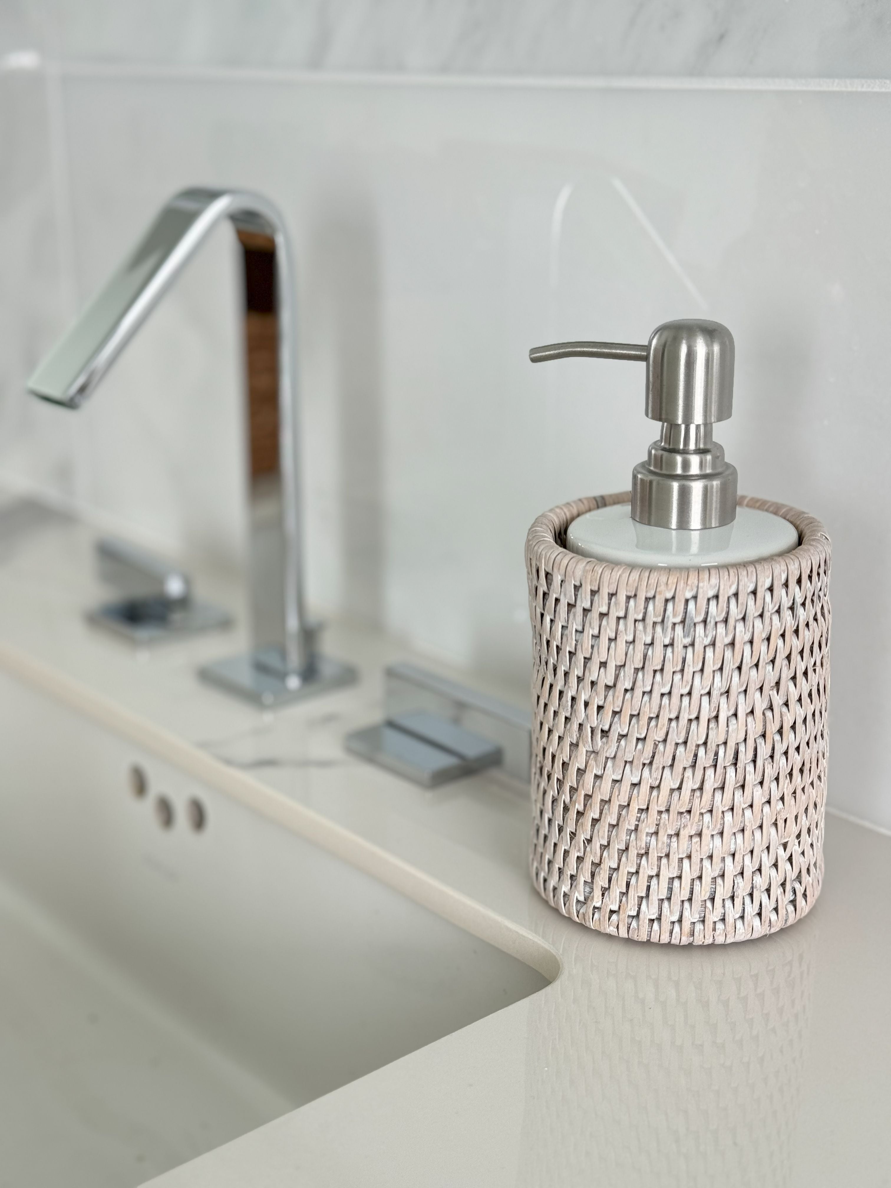 La Jolla Rattan Liquid Soap Dispenser, White Wash