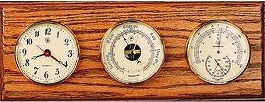 Brass Clock, Barometer and Thermometer/Hygrometer on Oak Weather Station