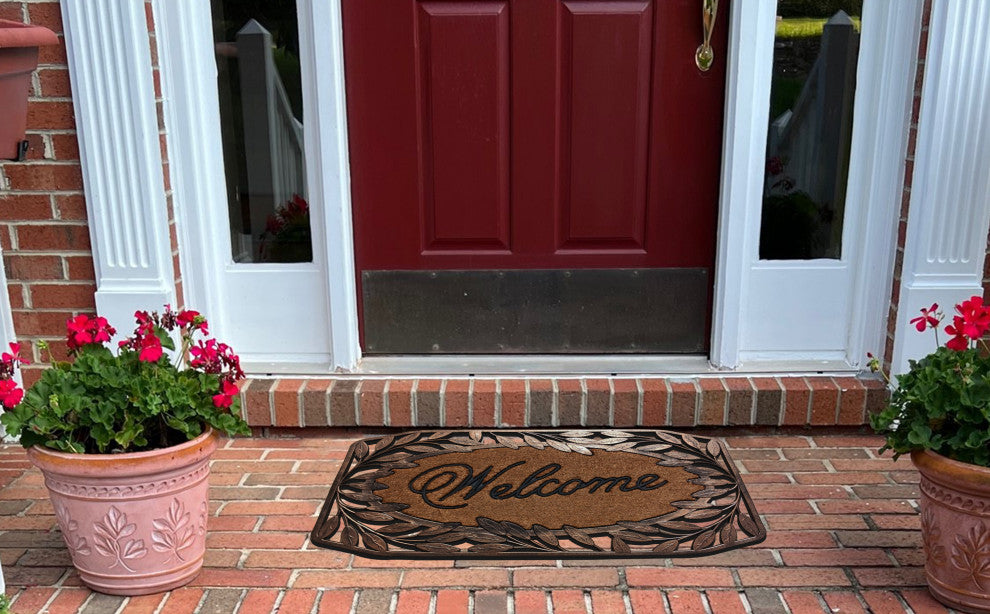 Natural Coir & Rubber 38x23, Thick Durable Doormats, Leaf Border Welcome Bronze