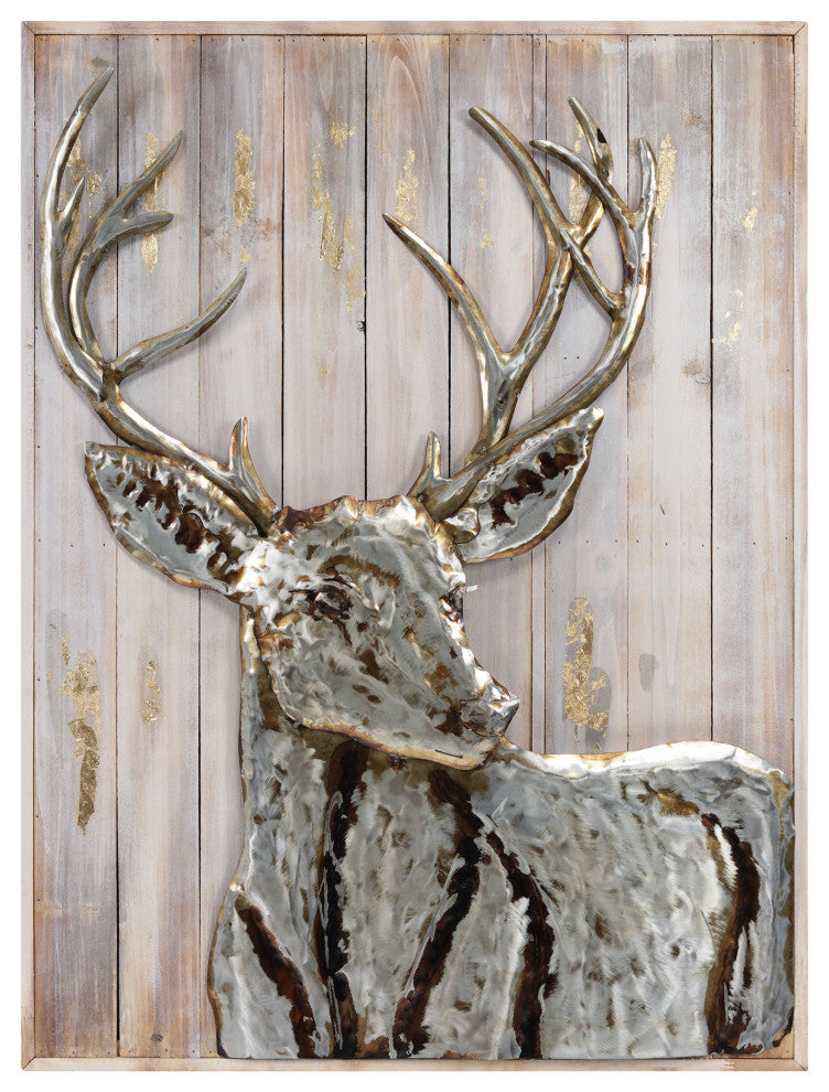 "Deer 1" Hand Painted Iron Wall Sculpture on Slatted Solid Wood Wall Art 40"x30"