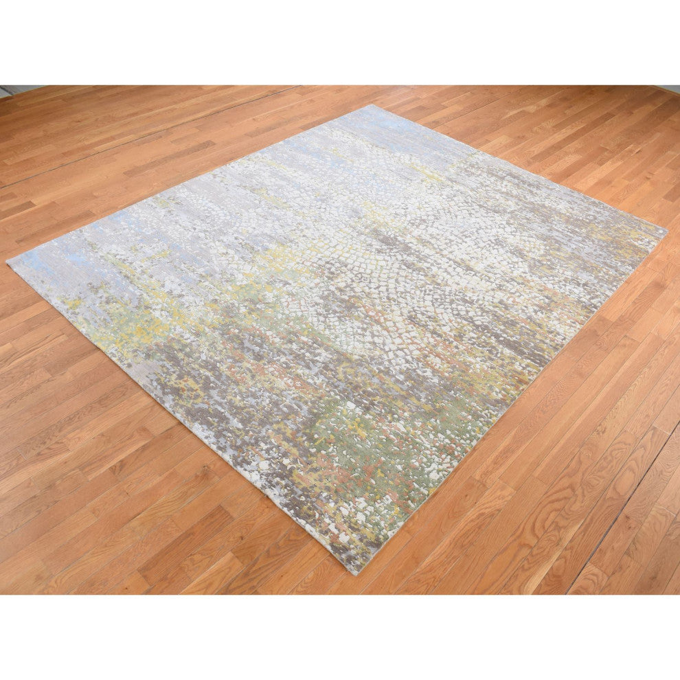 Rice White Wool and Silk Erased Roman Mosaic Design Hand Knotted Rug 8'1"x10'1"
