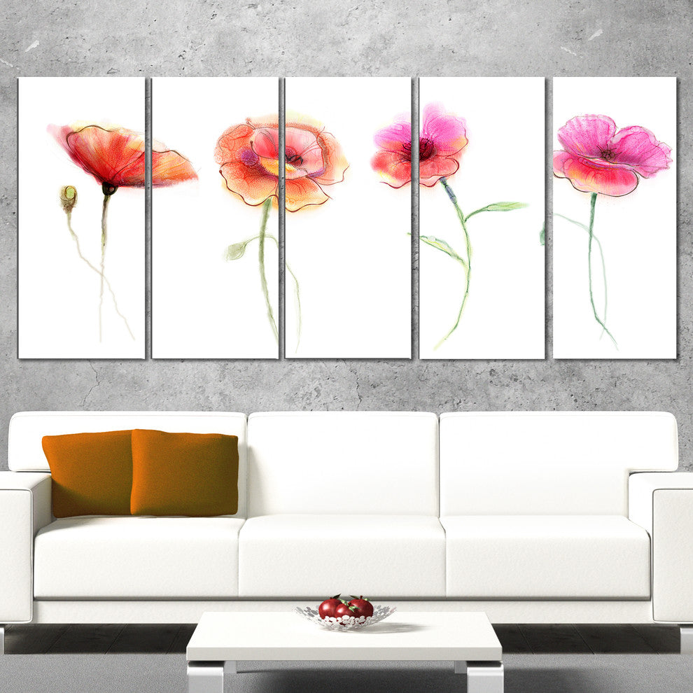 Watercolor Poppy Flowers Sketch, Flower Artwork on Canvas, 60"x28", 5 Panels