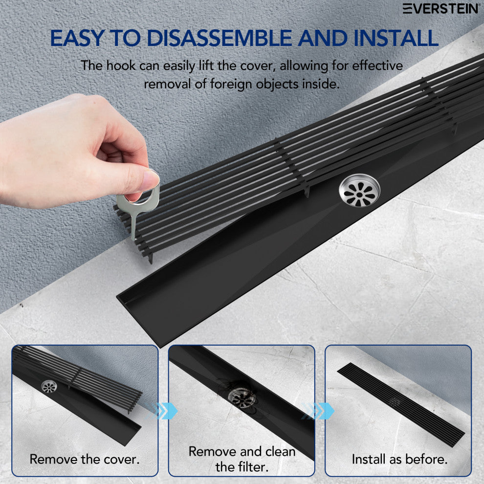 24" Stainless Steel Linear Shower Drain, Tile-In Pattern, Matte Black