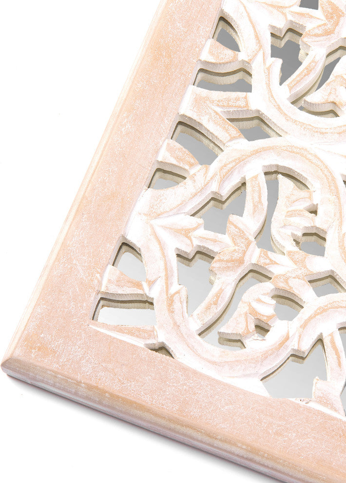 Decorative Whitewashed Carved Wood Square Mirrored Wall Panel