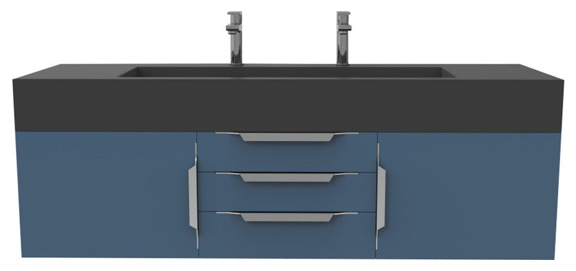 CastelloUSA Nile 60" Wall Mounted Vanity Set, Blue, Black Top, Brushed Nickel