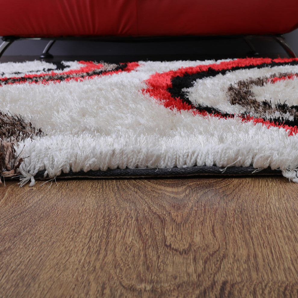 Hand Tufted Shag Polyester Area Rug Geometric Ivory Red K00019, [Rectangle] 6'x9'