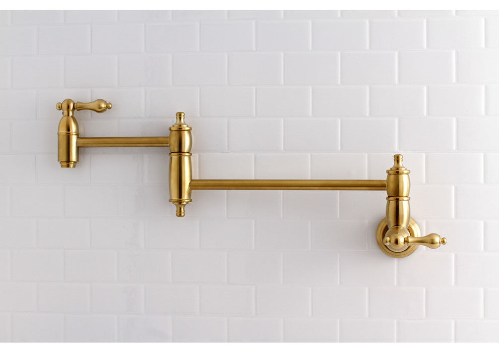 Kingston Brass Wall Mount Pot Filler Kitchen Faucet, Brushed Brass