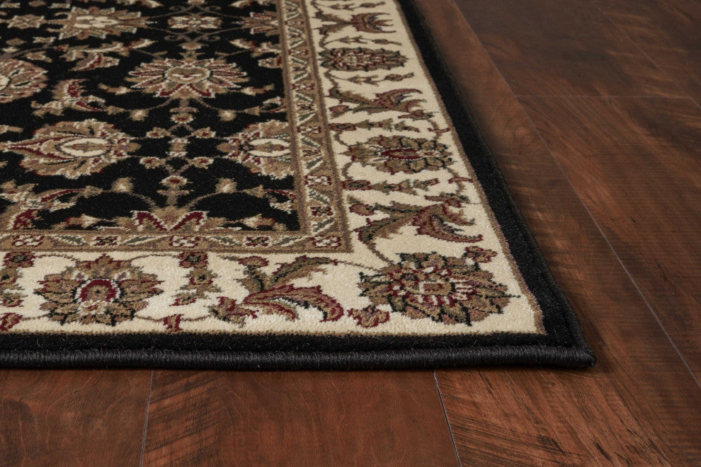 HomeRoots 7' Octagon Black or Ivory Floral Vines Bordered Indoor Area Rug