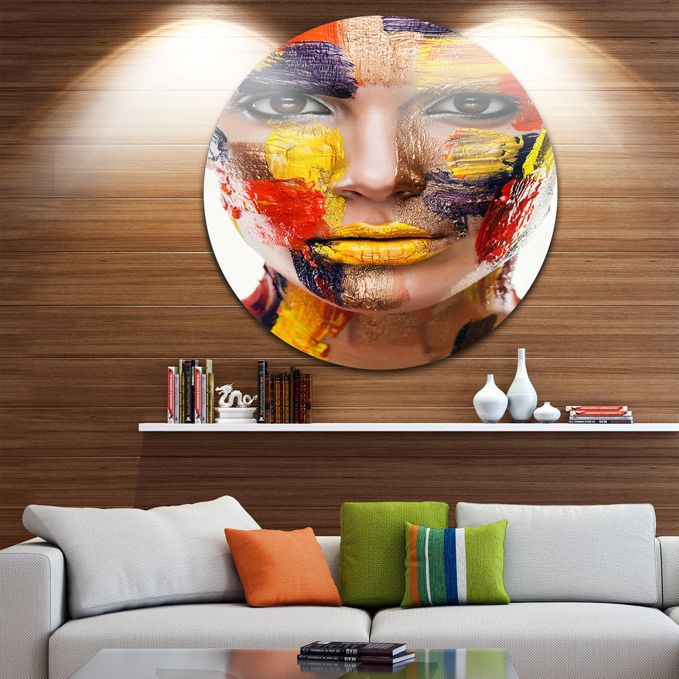 Woman With Colorful Face, Contemporary Disc Metal Wall Art, 36"