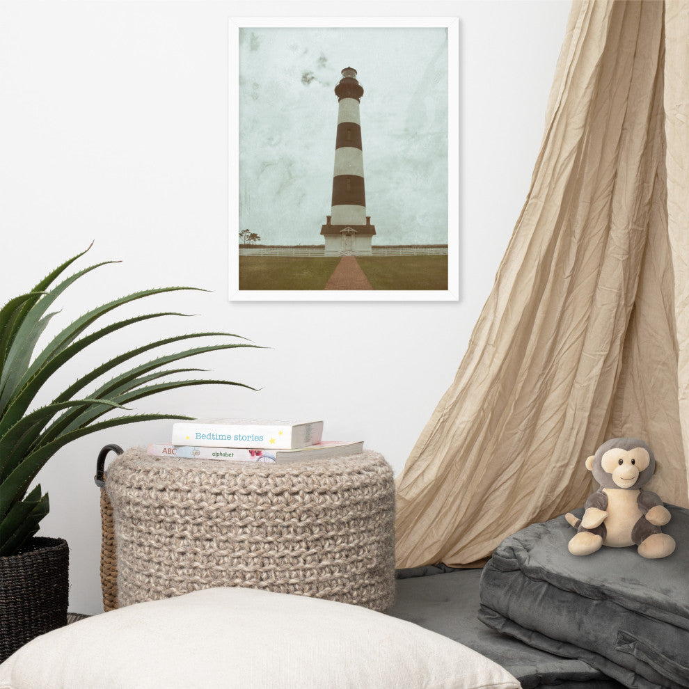 Aged Bodie Lighthouse Landscape Framed Photo Paper Wall Art Prints, White, 16" X 20"