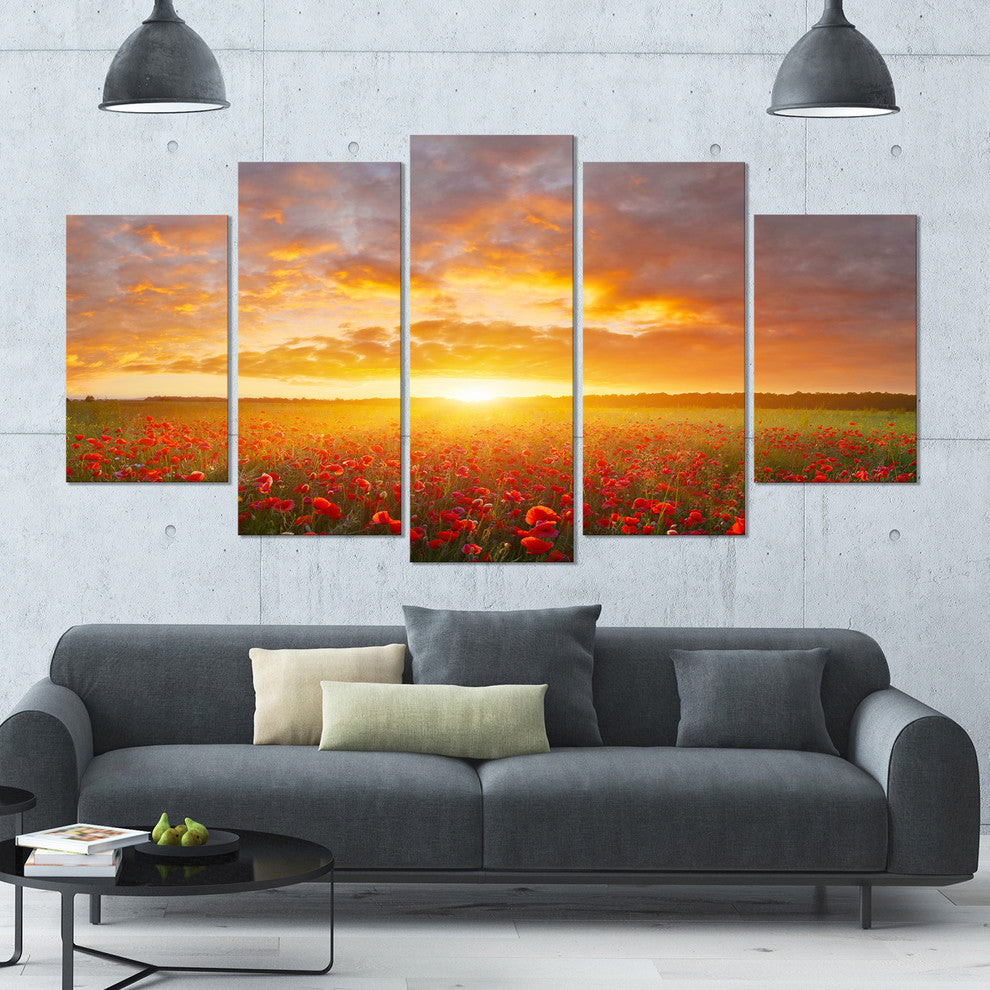 Poppy Field under Bright Sunset, Landscape Canvas Art Print, 60"x32", 5 Panels