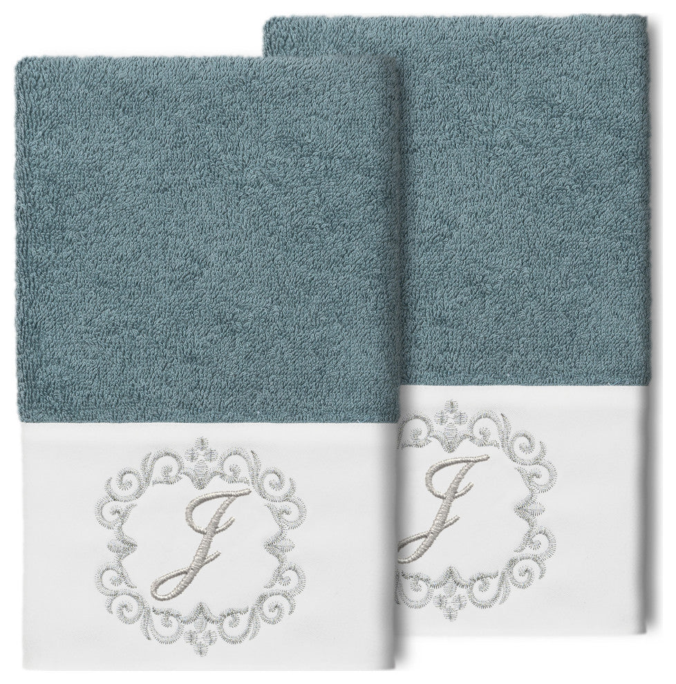Linum Home Turkish Cotton Monica 2-Piece Embellished Hand Towel Set, Teal