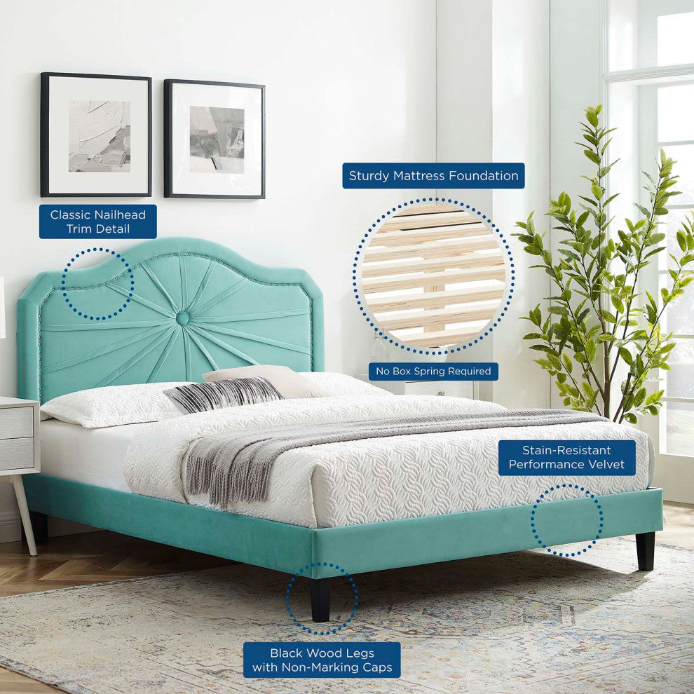 Platform Bed Frame, Queen Size, Velvet, Blue, Modern Contemporary, Bedroom