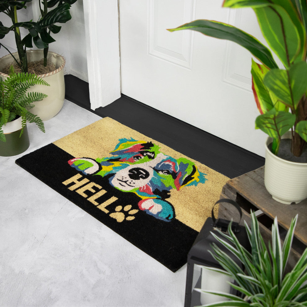 Ivory and Black "Hello" Multicolor Dog Outdoor Coir Doormat 18" x 30"