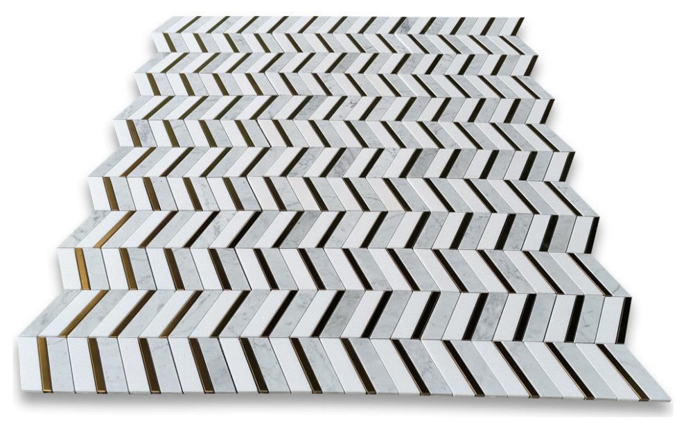 Thassos White Carrara White Marble Artistic Chevron Mosaic Tile Brass, 1 sheet