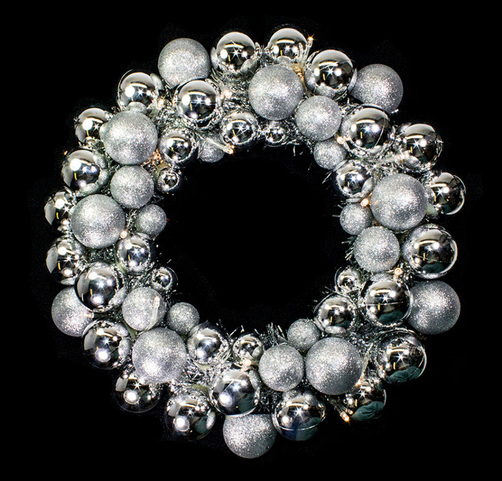 16" Silver Ball Wreath With Battery Powered Pure White LEDs