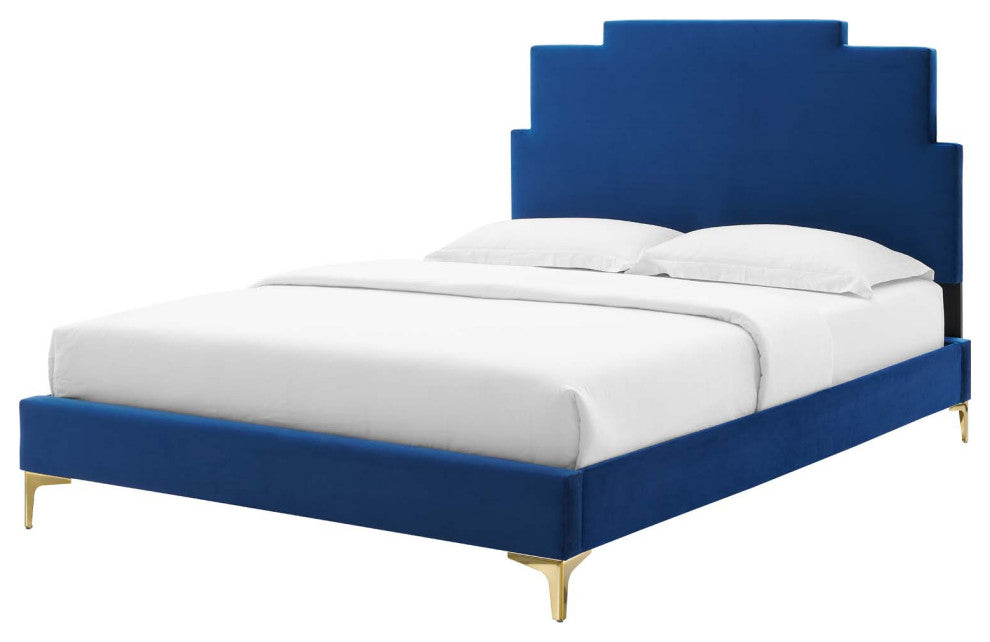 Platform Bed Frame, Full Size, Velvet, Blue Navy, Modern Contemporary, Bedroom