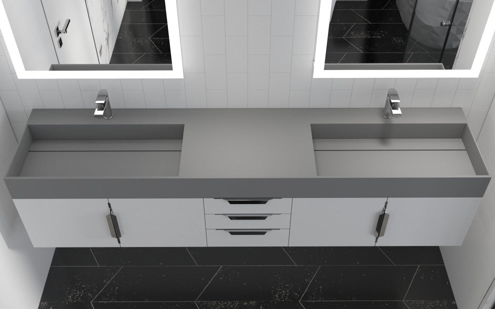 CastelloUSA Amazon 84" Wall Mounted Bathroom Vanity Set, White, Gray Top, Brushed Nickel