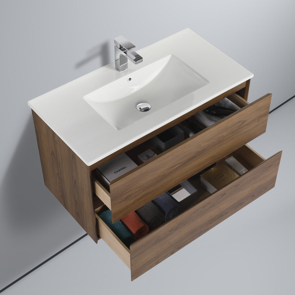 Wall Mounted Bathroom Vanity and Sink, Floating Bath Vanity with Sink, Brown Walnut, 36'' Ceramic Sink