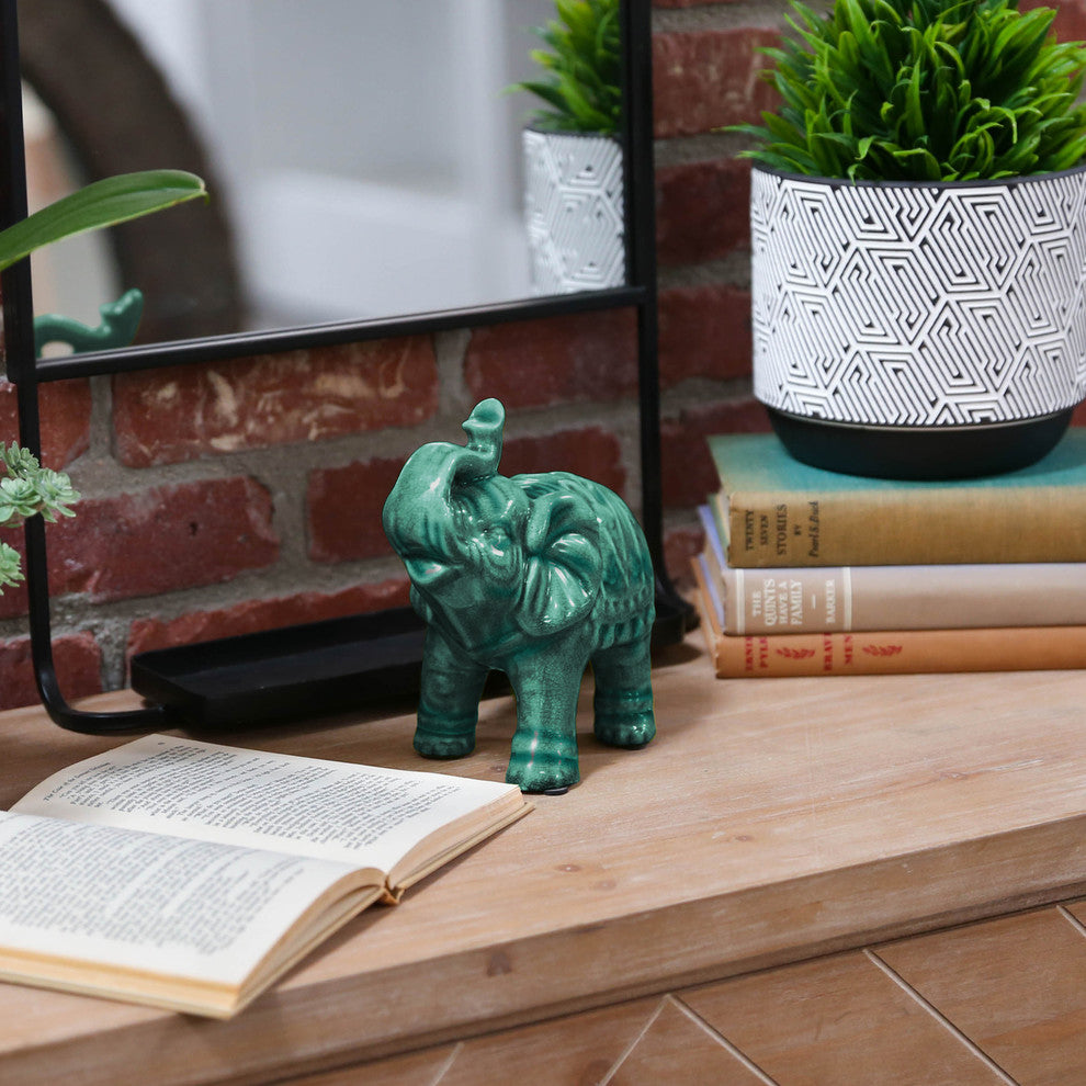 Ceramic Trumpeting Standing Elephant Figurine, Glossy Dark Cyan