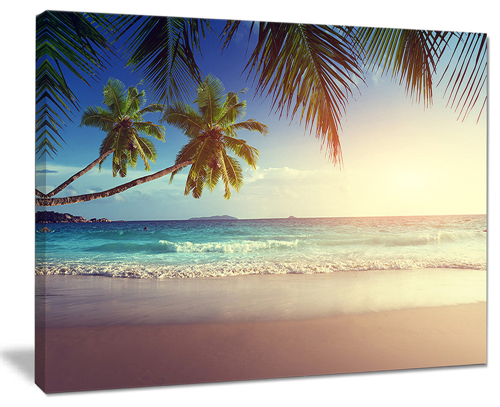 "Typical Sunset On Seychelles Beach" Seascape Art Canvas, 40"x30"