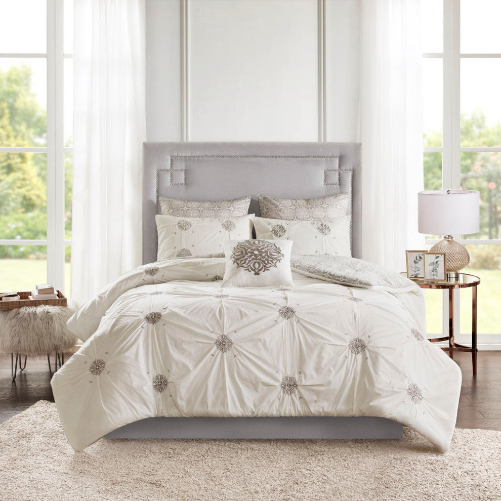 Madison Park Malia 6 Piece Embroidered Cotton Reversible Comforter Set, Ivory