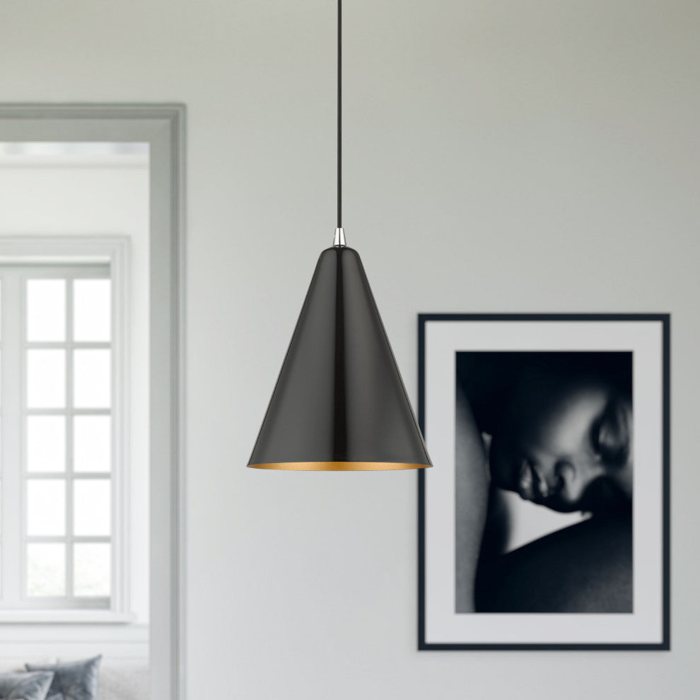 Dulce 1-Light Shiny Black Cone Pendant, Polished Chrome Accents