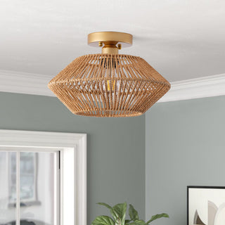 Farmhouse Brown Paper Rope Hand-Woven Semi Flush Mount Ceiling Light