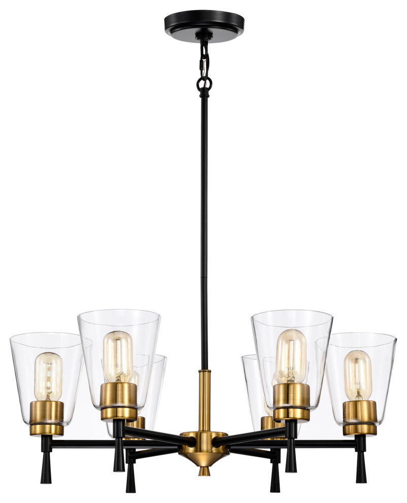 6-Light Black and Antique Brass Chandelier With Clear Cone Glass Shades
