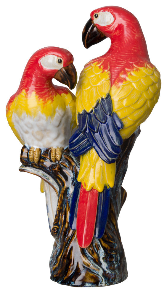 16 In Ceramic Pair Of Perched Parrots Statue