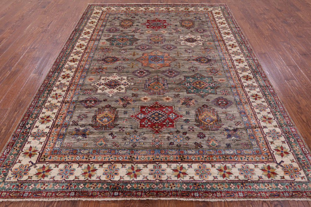 8' 0" X 10' 3" Super Kazak Geometric Handmade Wool Rug Q9779