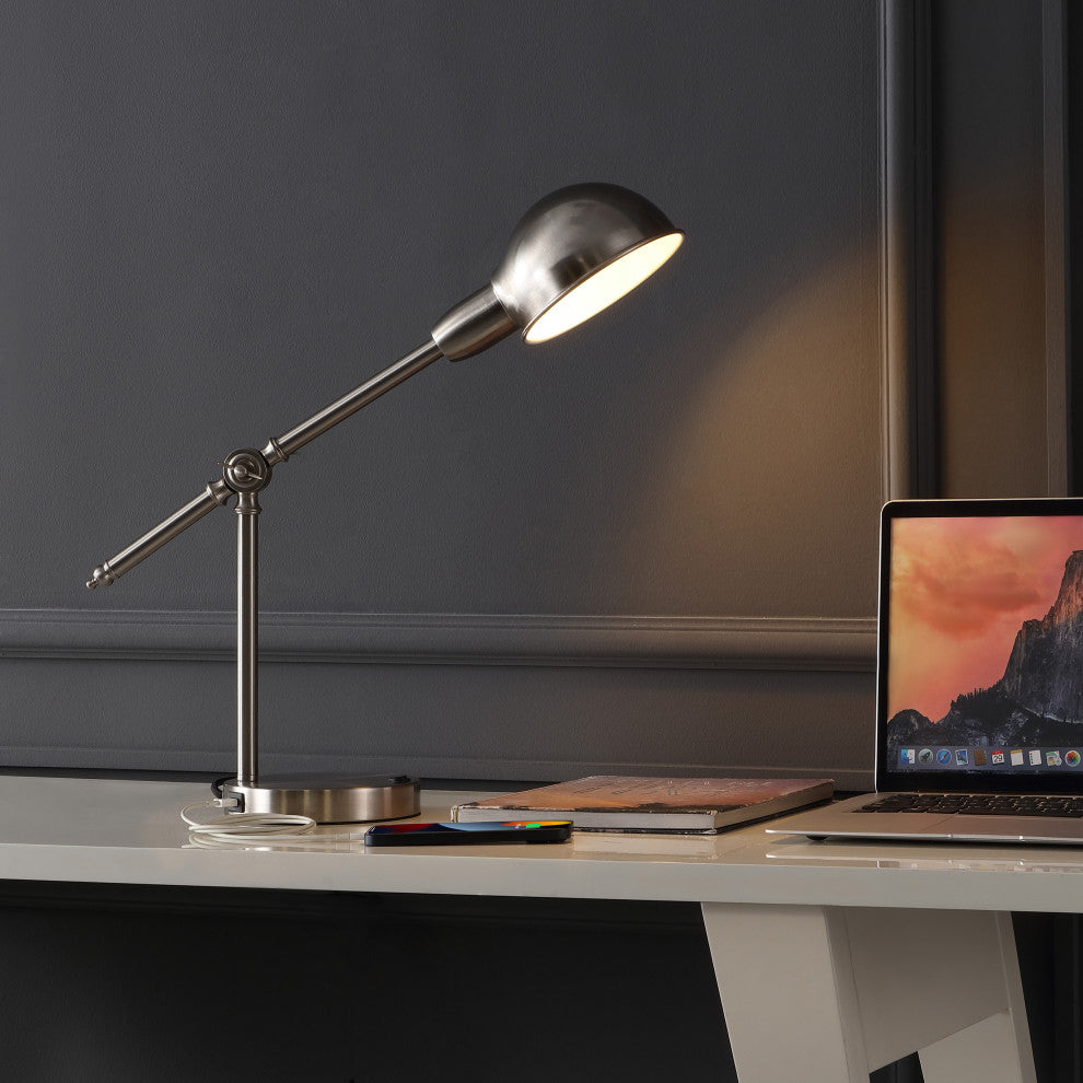 20.25" Iron Adjustable Dome Shade LED Task Lamp With USB Charging Port, Nickel
