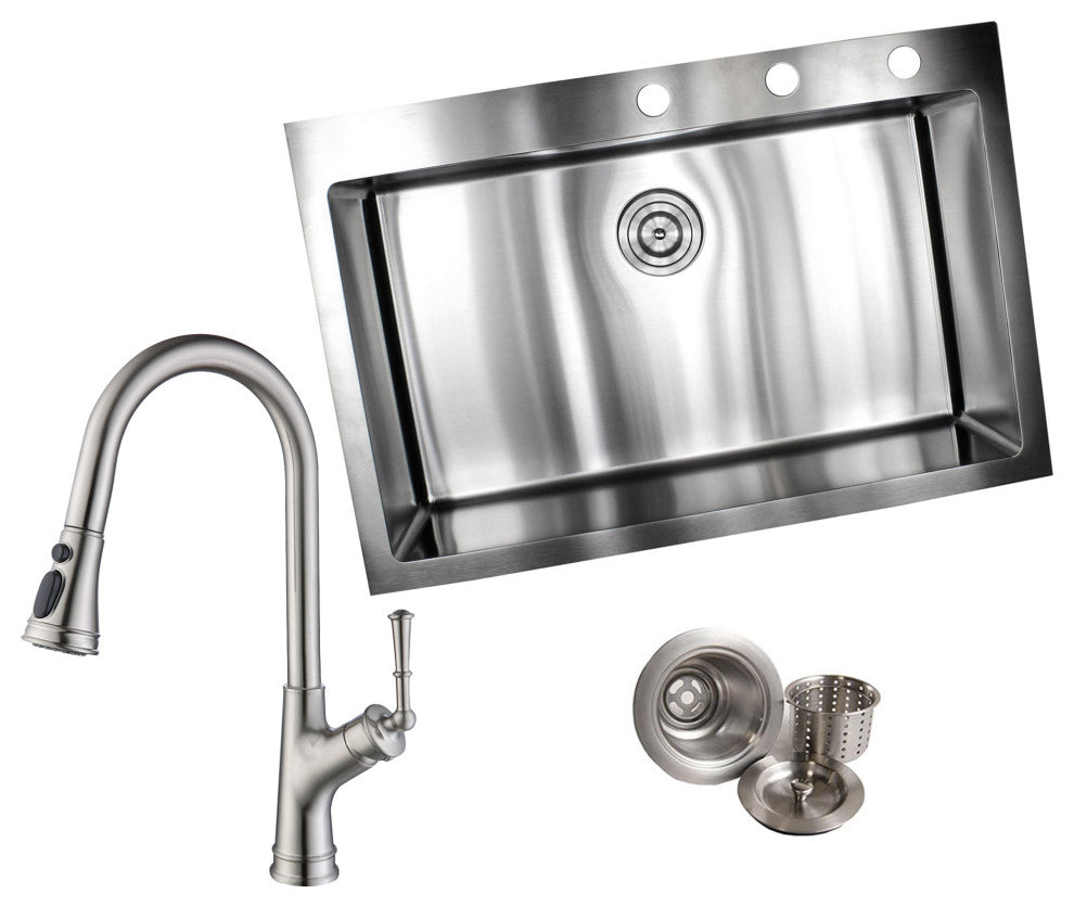 33" Topmount 16 Gauge Single Bowl, Sink With Faucet and Strainer