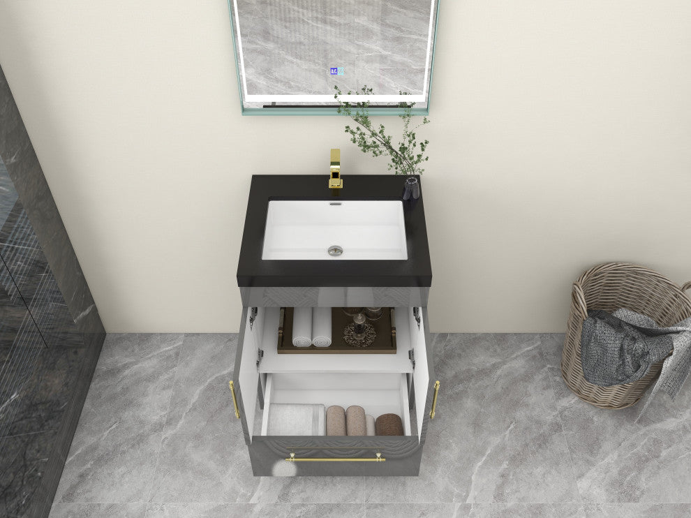 Rosa 24" Free Standing Modern Vanity, High Gloss Gray, Matt Black Top