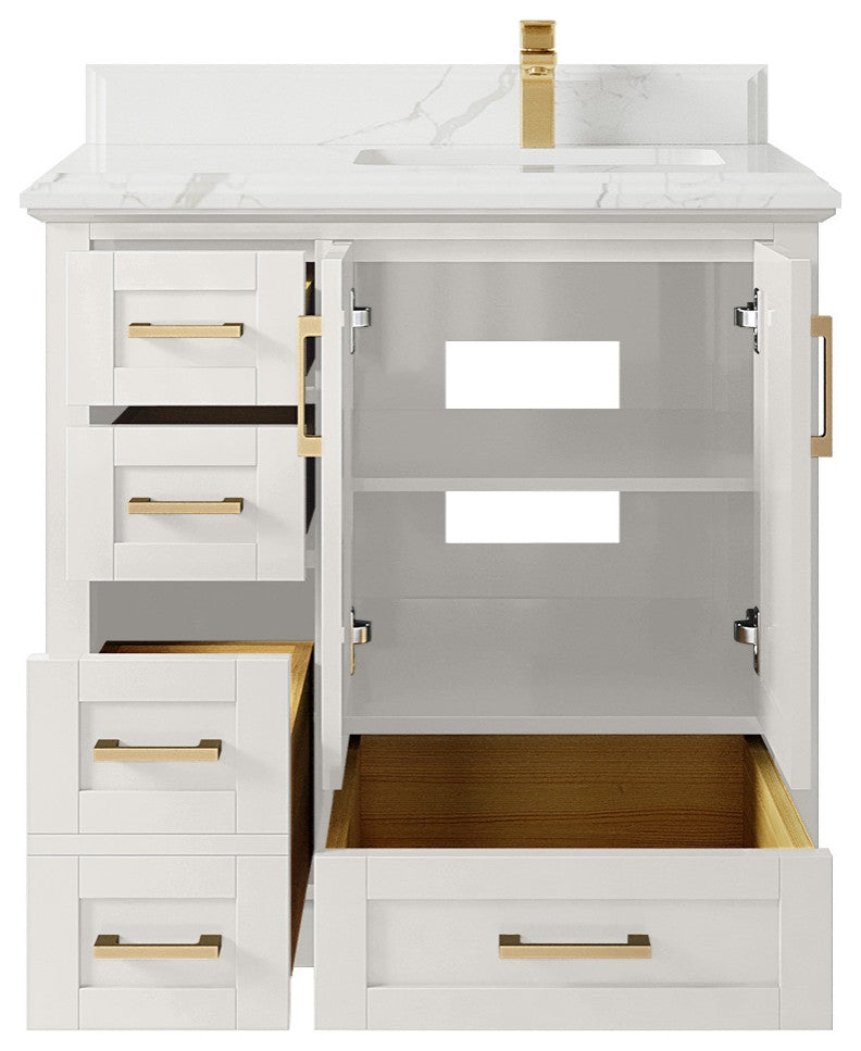 Boston 36" Right Offset Bath Vanity in Alabaster 1.5" Calacatta Laza